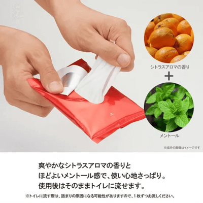 赤いパッケージからシートを取り出す手元の写真。横には「シトラスアロマの香り」と「メントール」のイメージ画像が表示されている。